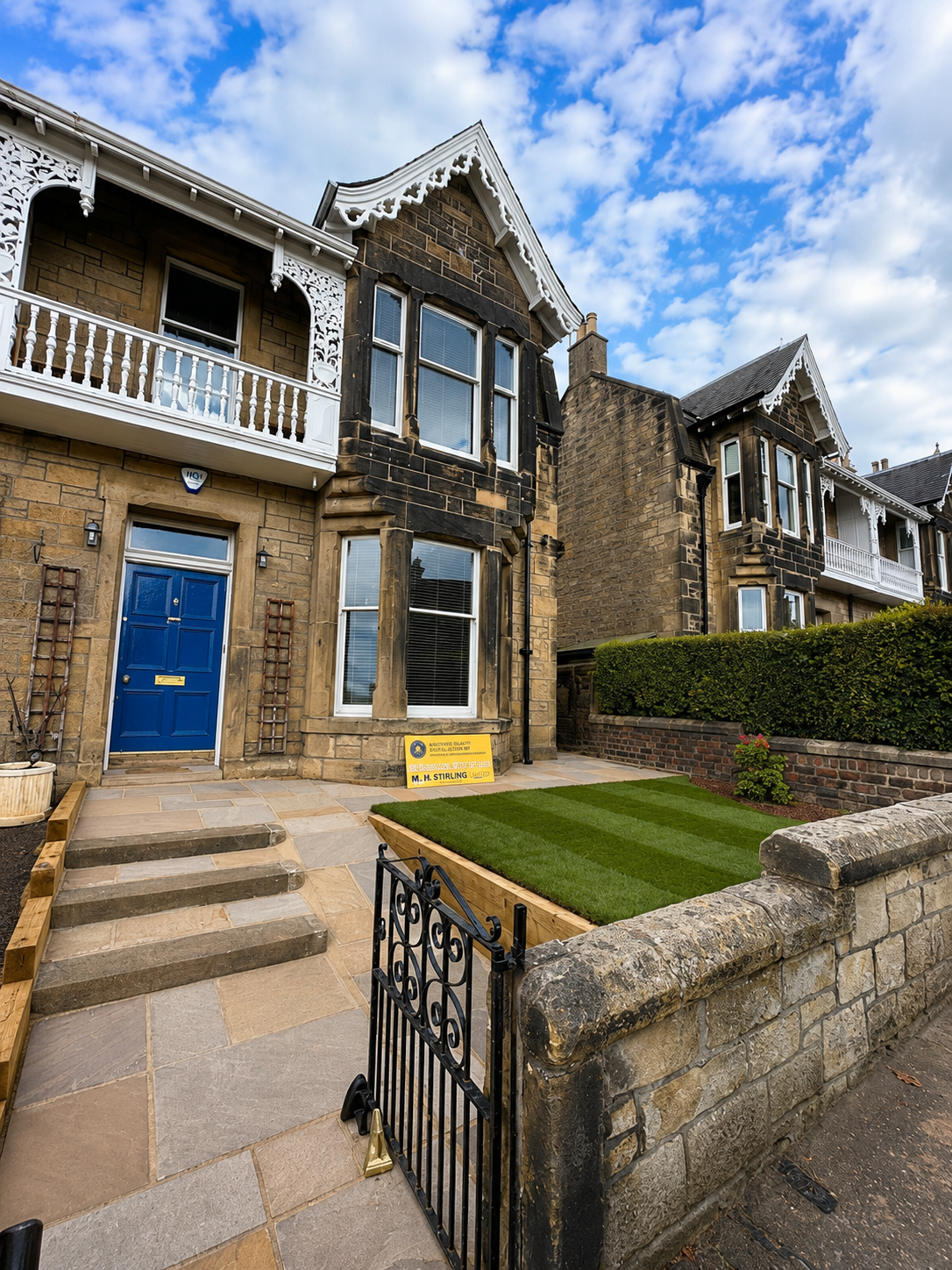 Full front garden renovation , with Indian sandstone and new lawn turf installation in Edinburgh Scotland